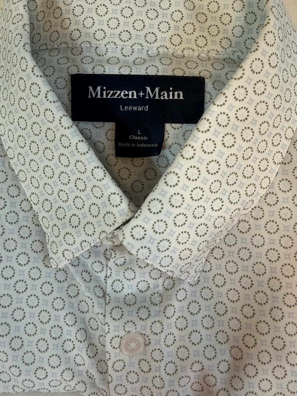 Mizzen+Main Leeward Performance Dress Shirt –White Print Mens L Classic Fit